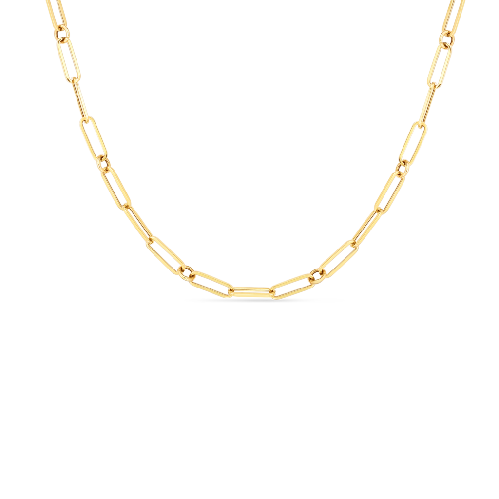 18K DESIGNER GOLD PAPERCLIP & ROUND LINK 17 INCH CHAIN - 18K Yellow Gold