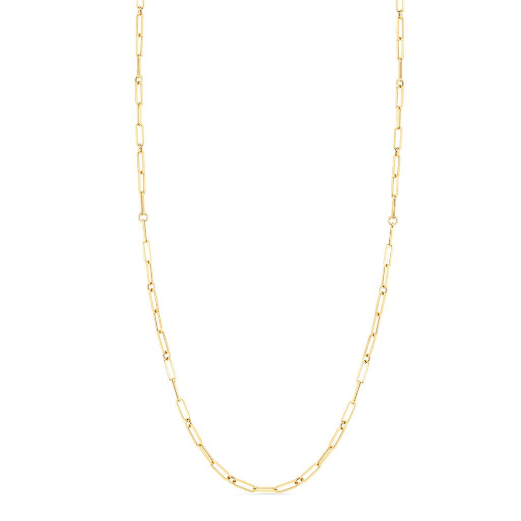 18K DESIGNER GOLD PAPERCLIP & ROUND LINK 17 INCH CHAIN - 18K Yellow Gold