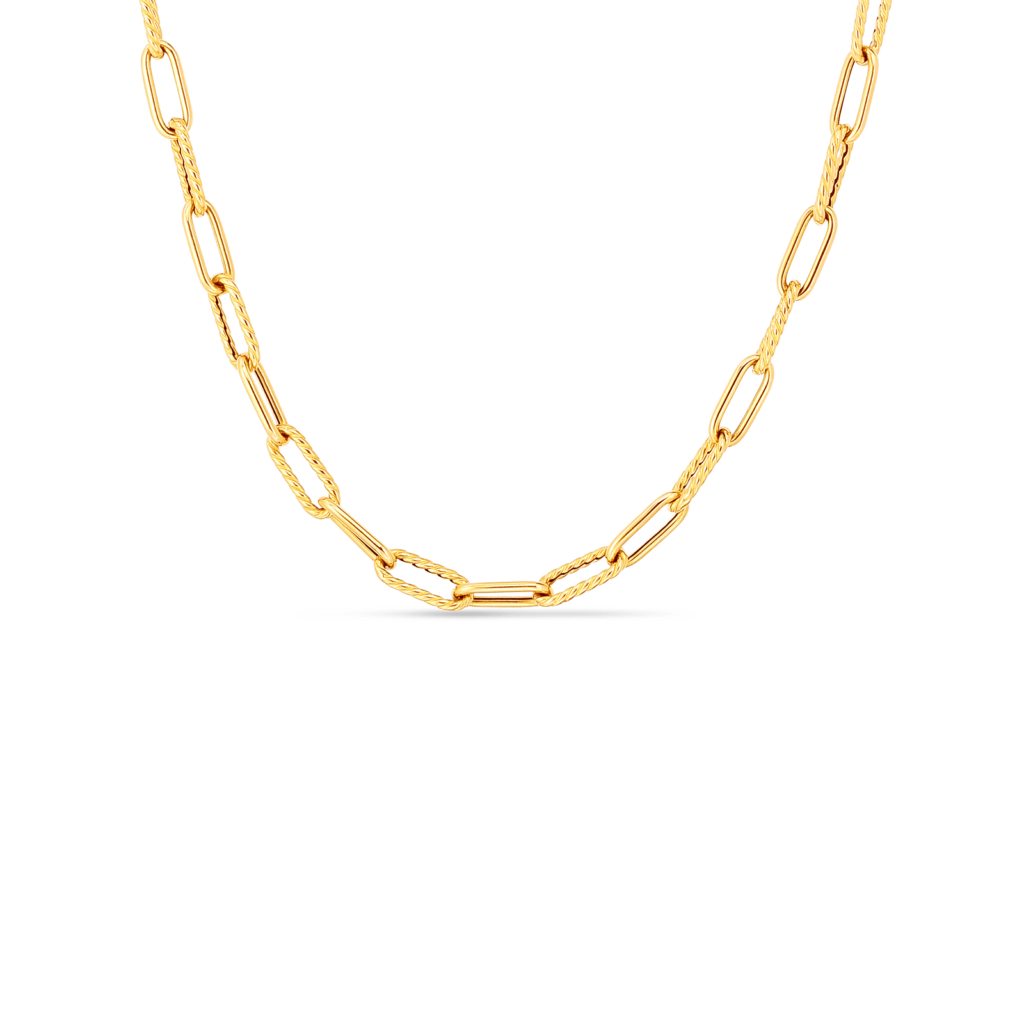 18K DESIGNER GOLD ALTERNATING POLISHED AND FLUTED PAPERCLIP LINK 17 INCH CHAIN - 18K Yellow Gold