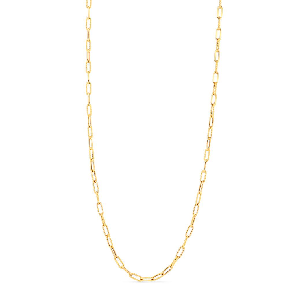 18K DESIGNER GOLD ALTERNATING POLISHED AND FLUTED PAPERCLIP LINK 17 INCH CHAIN - 18K Yellow Gold