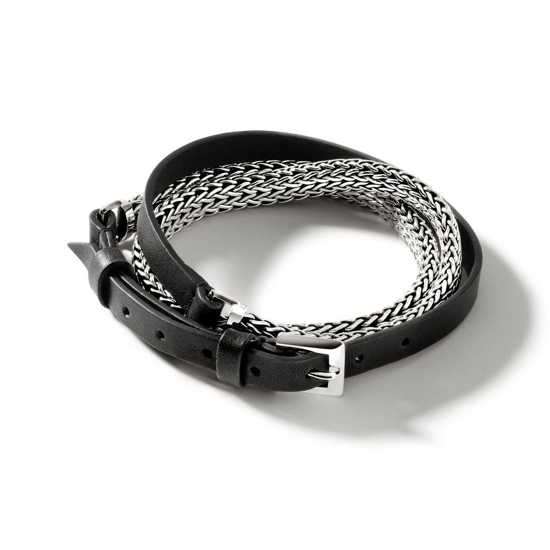 John Hardy Icon Extension Silver Small Flat Chain 6.5mm Triple Wrap Bracelet on Black Leather