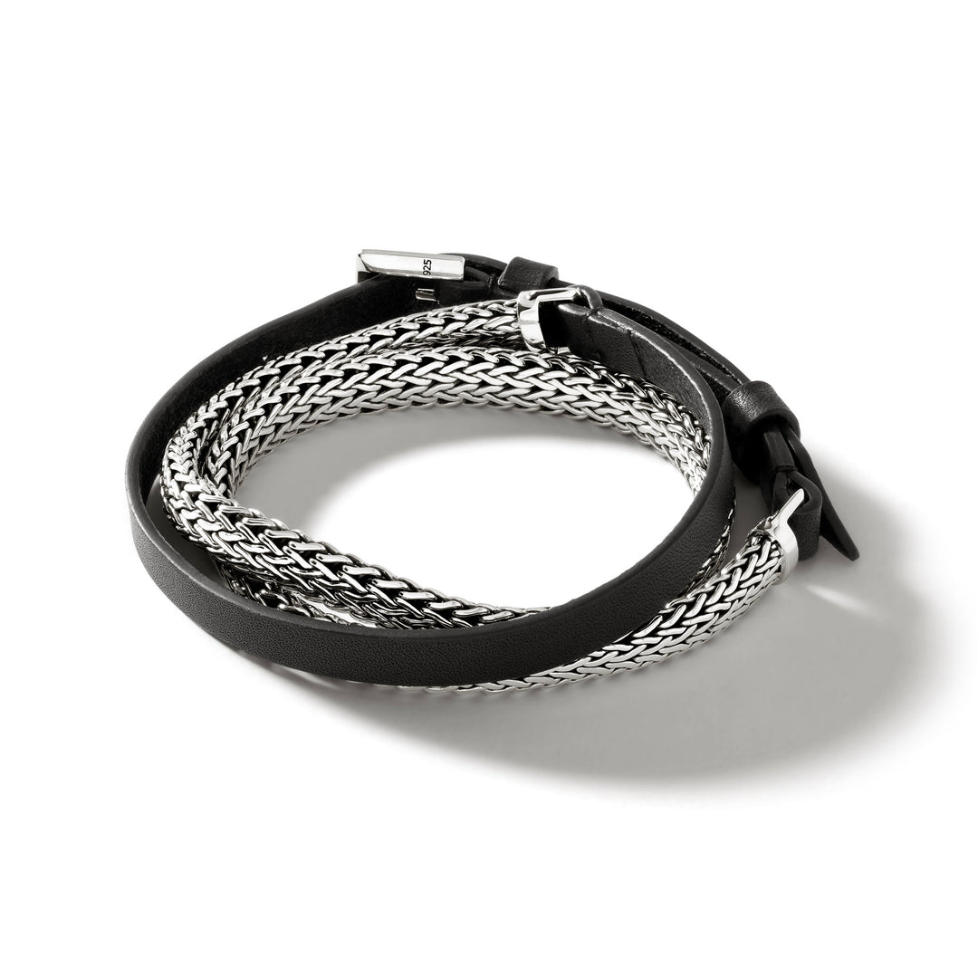 John Hardy Icon Extension Silver Small Flat Chain 6.5mm Triple Wrap Bracelet on Black Leather