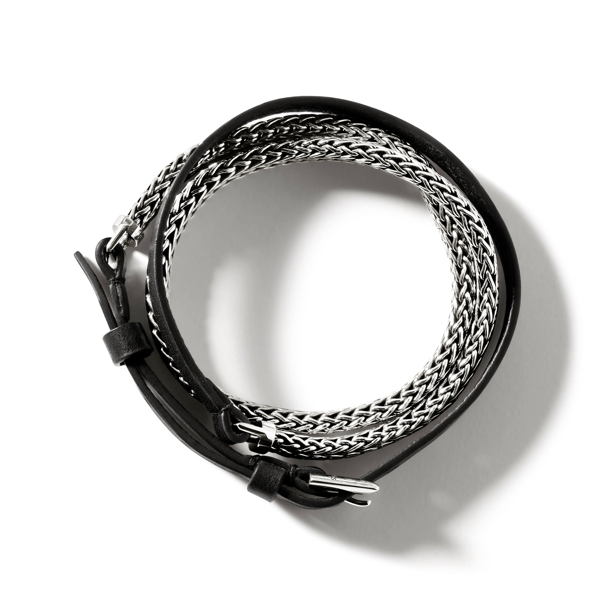 John Hardy Icon Extension Silver Small Flat Chain 6.5mm Triple Wrap Bracelet on Black Leather