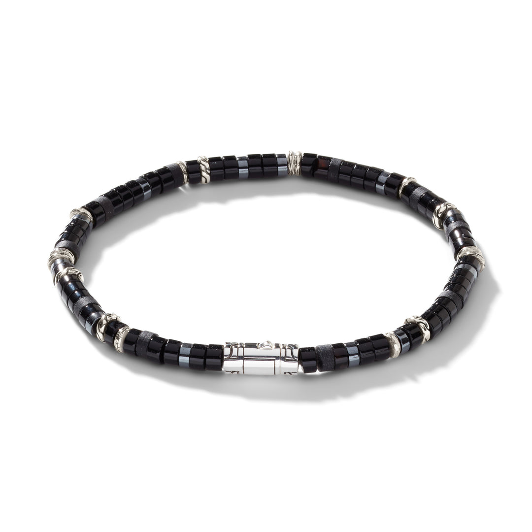 John Hardy Heishi Silver Bracelet with 4mm Treated Black Onyx and Hematite Beads