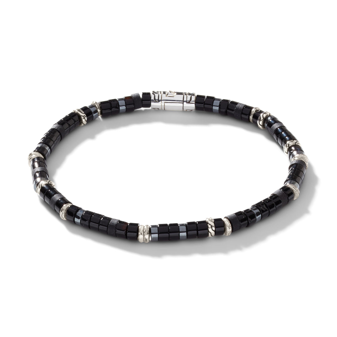 John Hardy Heishi Silver Bracelet with 4mm Treated Black Onyx and Hematite Beads