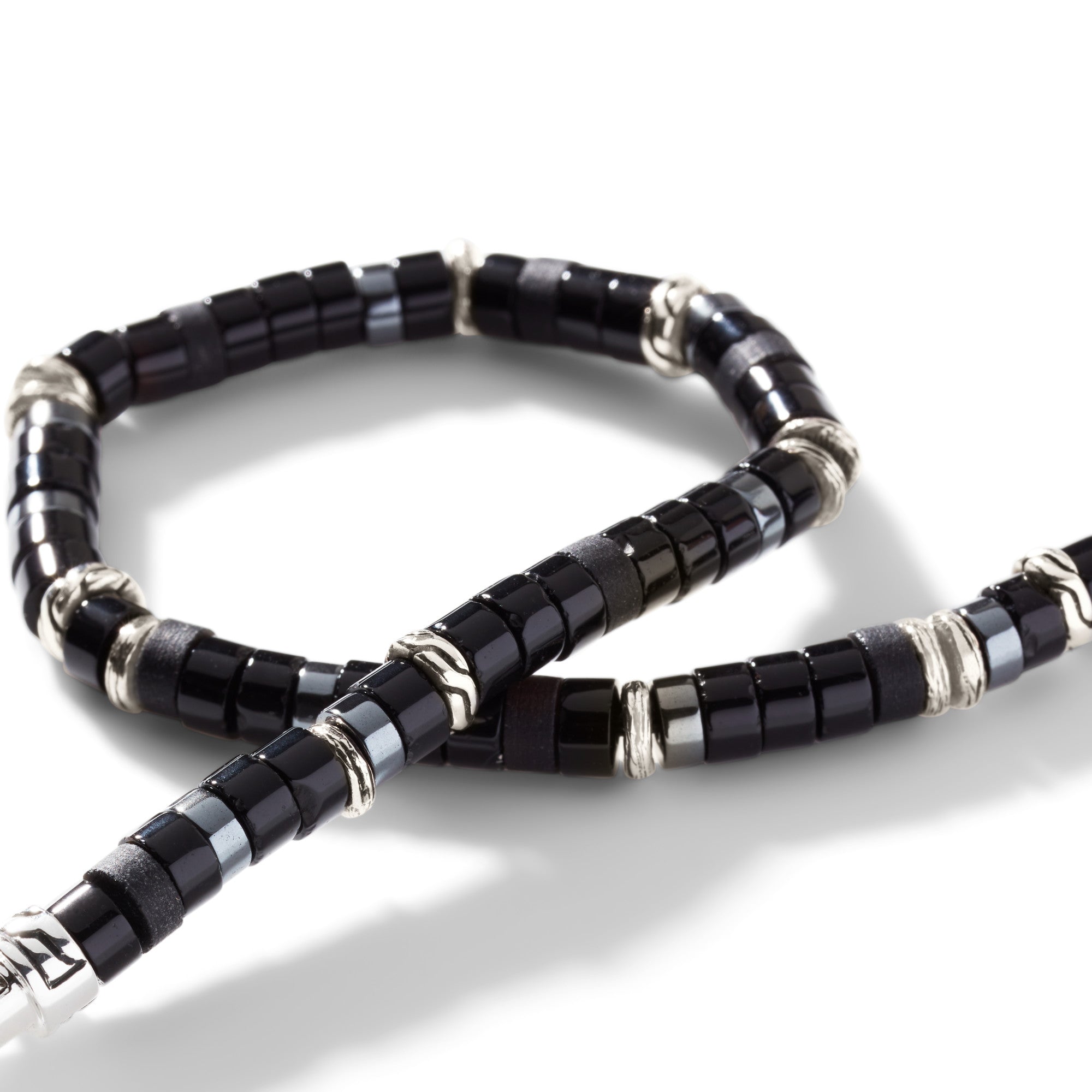 John Hardy Heishi Silver Bracelet with 4mm Treated Black Onyx and Hematite Beads