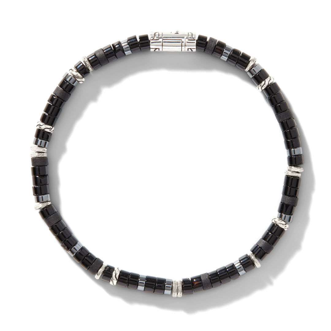 John Hardy Heishi Silver Bracelet with 4mm Treated Black Onyx and Hematite Beads