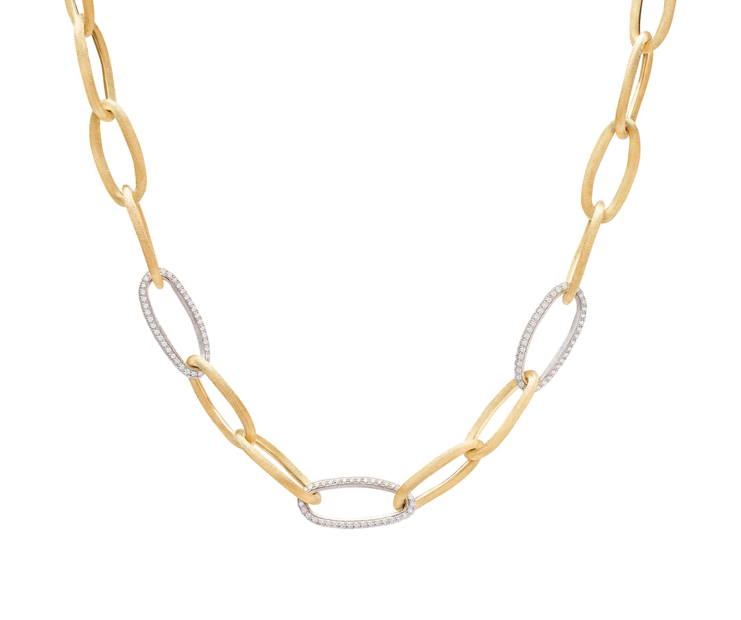 18K Yellow Gold Oval Link Necklace With Pavé Diamond Links