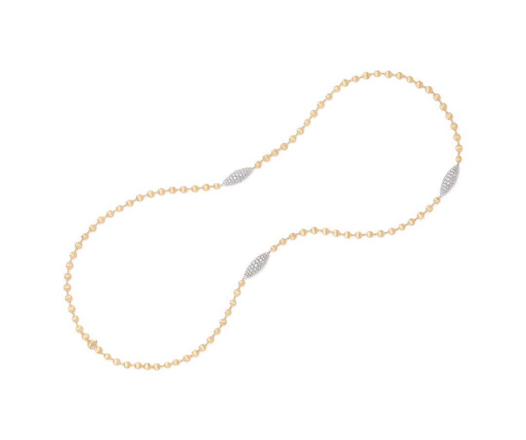 18K Yellow Gold Bead Long Necklace With Diamond Elements