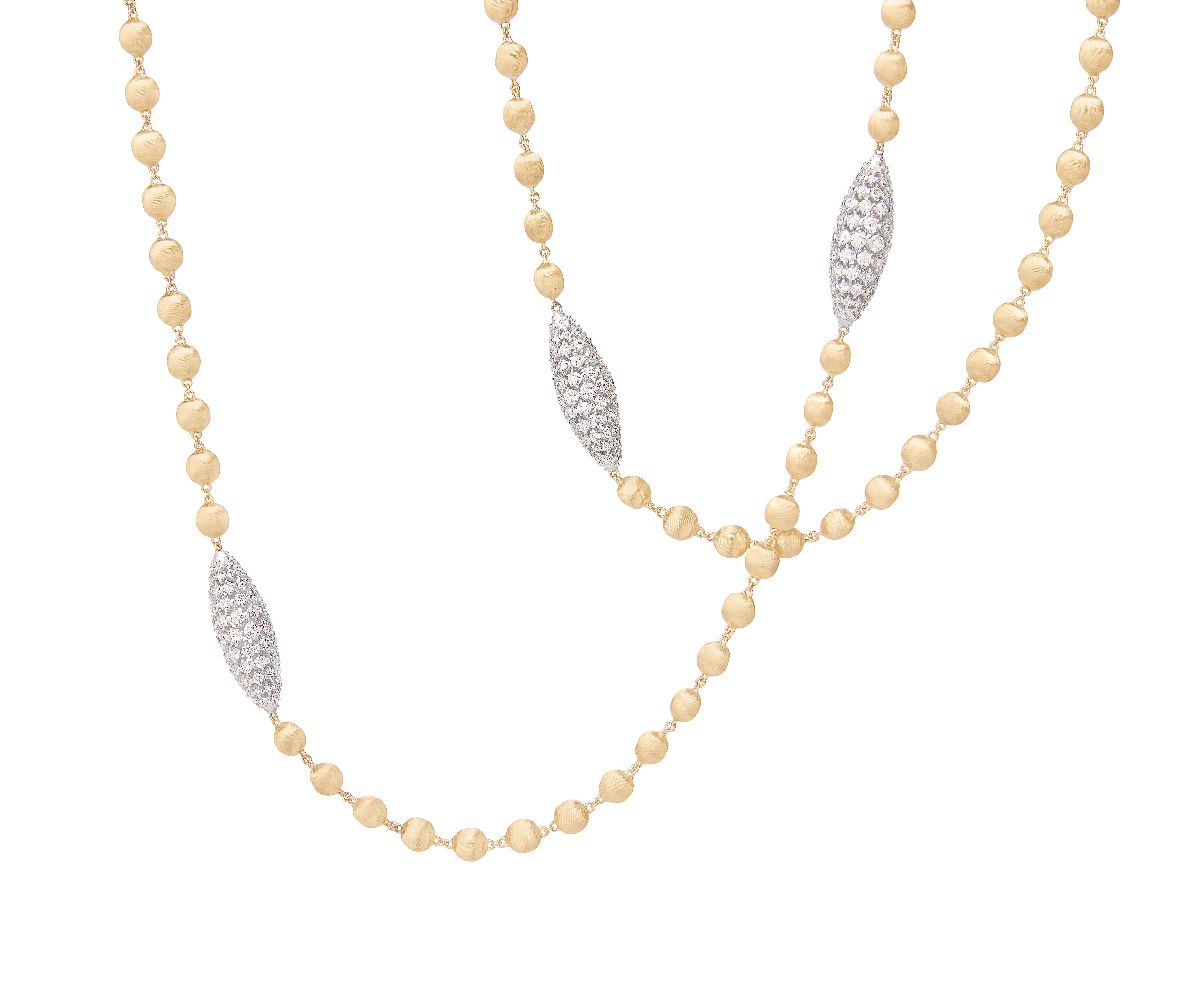 18K Yellow Gold Bead Long Necklace With Diamond Elements