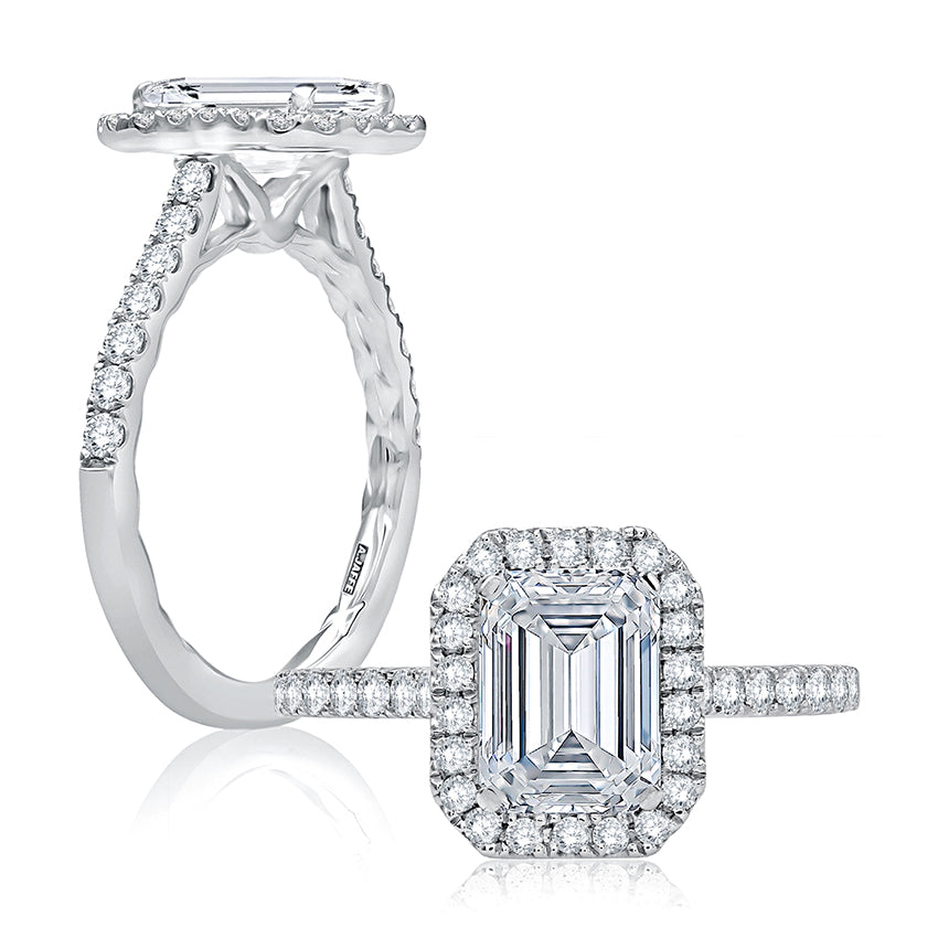 Emerald Cut Diamond Halo Engagement Ring with Quilted Interior