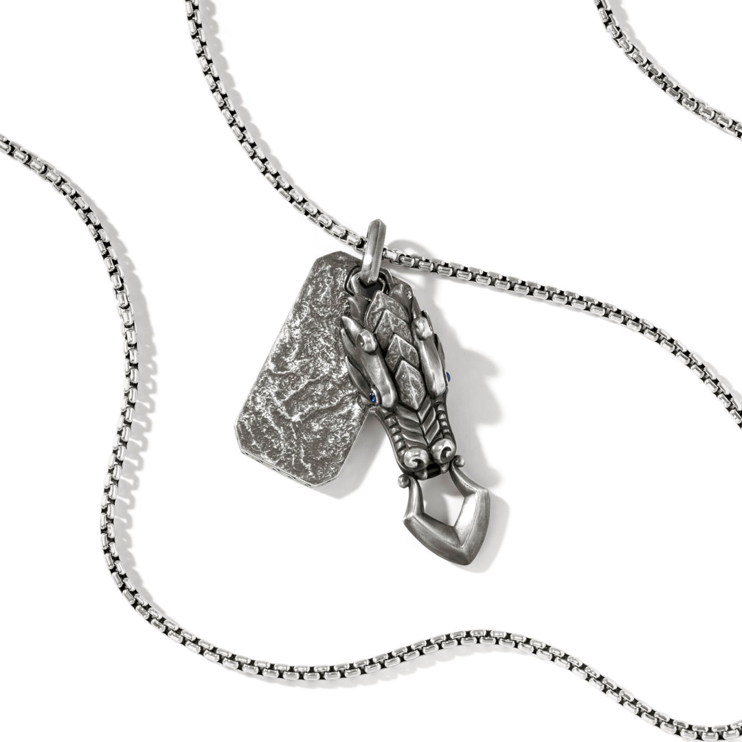 John Hardy Legends Naga Reticulated Silver Pendant with Blue Sapphire Eyes and 24" Box Chain