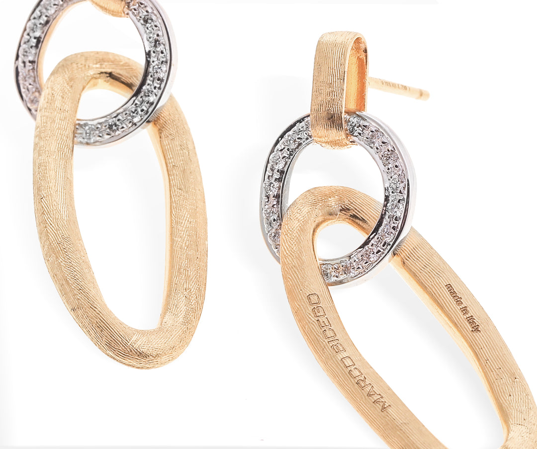 18K Yellow Gold Flat Link Drop Earrings With Diamonds