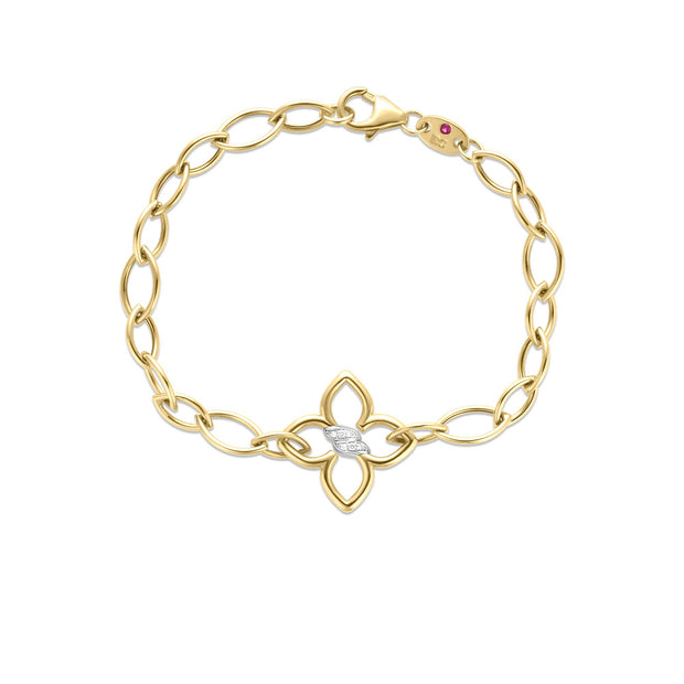 18K YELLOW/WHITE GOLD CIALOMA DIAMOND FLOWER ALMOND LINK BRACELET