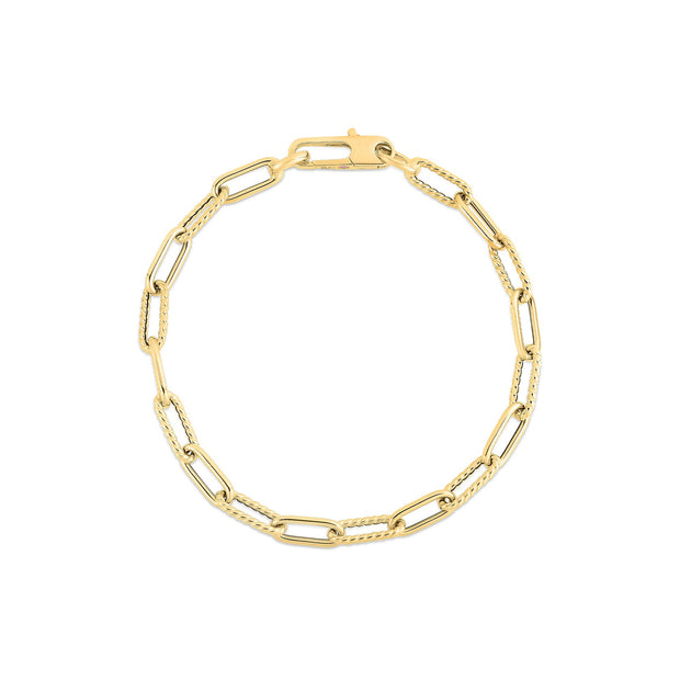 18K YELLOW DESIGNER GOLD ALTERNATING POLISHED AND FLUTED PAPERCLIP LINK BRACELET