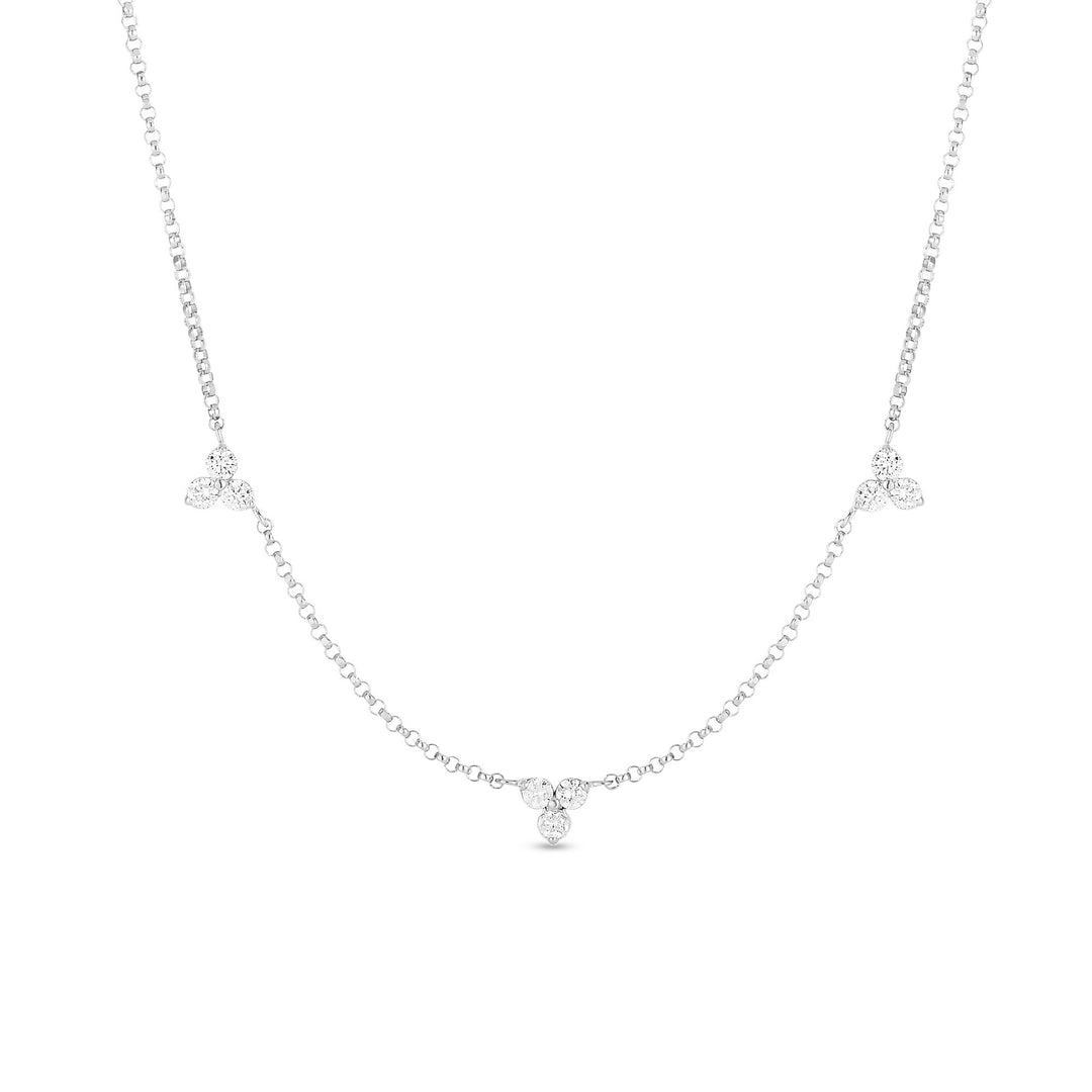 18K WHITE GOLD DIAMONDS BY THE INCH 3 STATION FLOWER NECKLACE