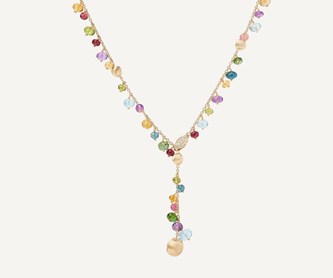 18K Yellow Gold Mixed Gemstone Lariat with Diamond Pavé Clasp