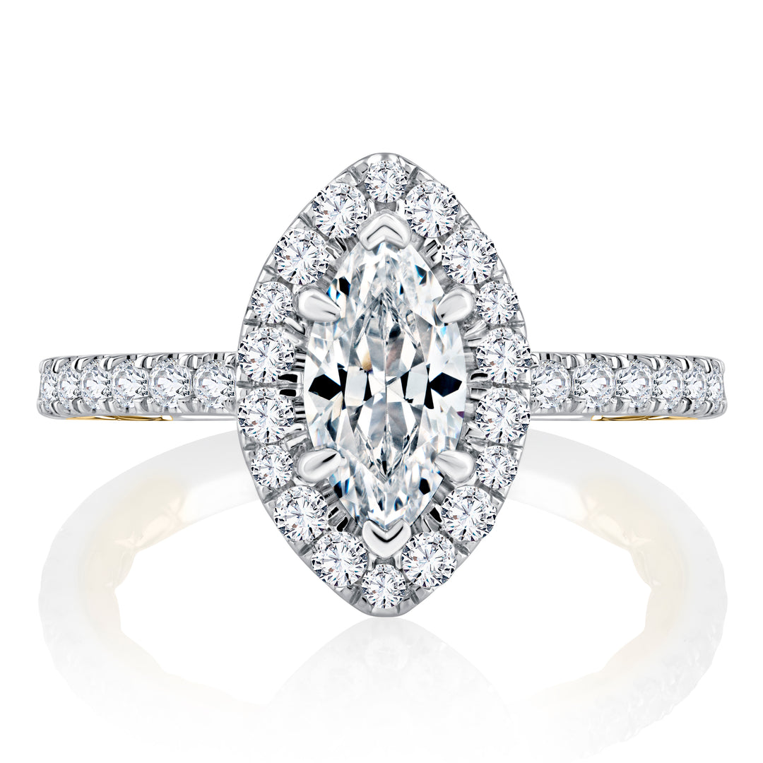 Classic Two Tone Halo Marquise Cut Diamond Engagement Ring