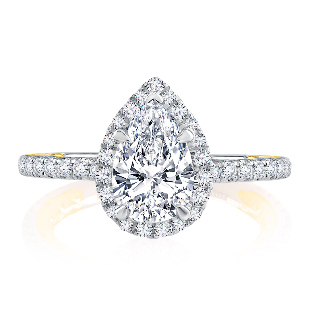 Classic Two Tone Halo Pear Cut Diamond Engagement Ring