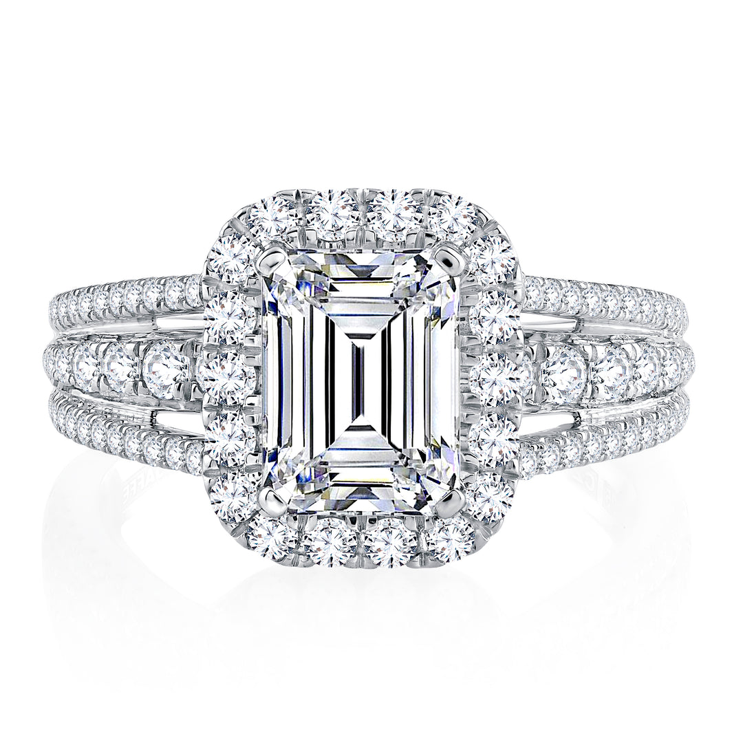 Triple Split Shank Halo Emerald Cut Diamond Engagement Ring