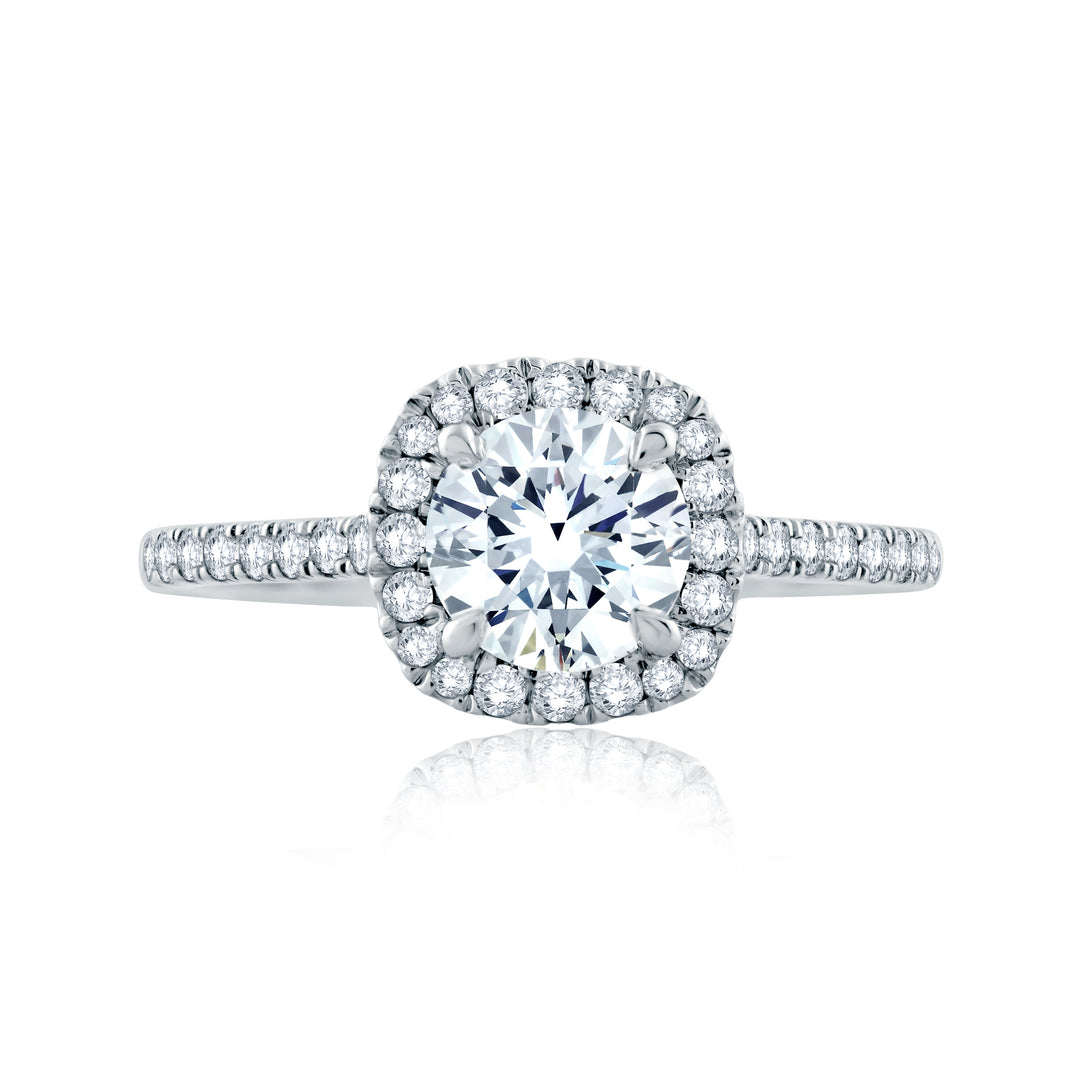 Intricate Milgrain Accent Gallery Detail Round Center with Cushion Shaped Halo Engagement Ring