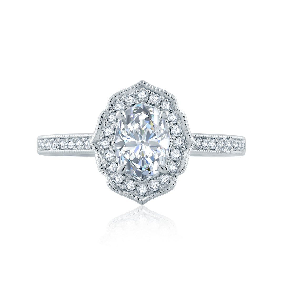 Floral Inspired Milgrain Detail Halo Oval Engagement Ring