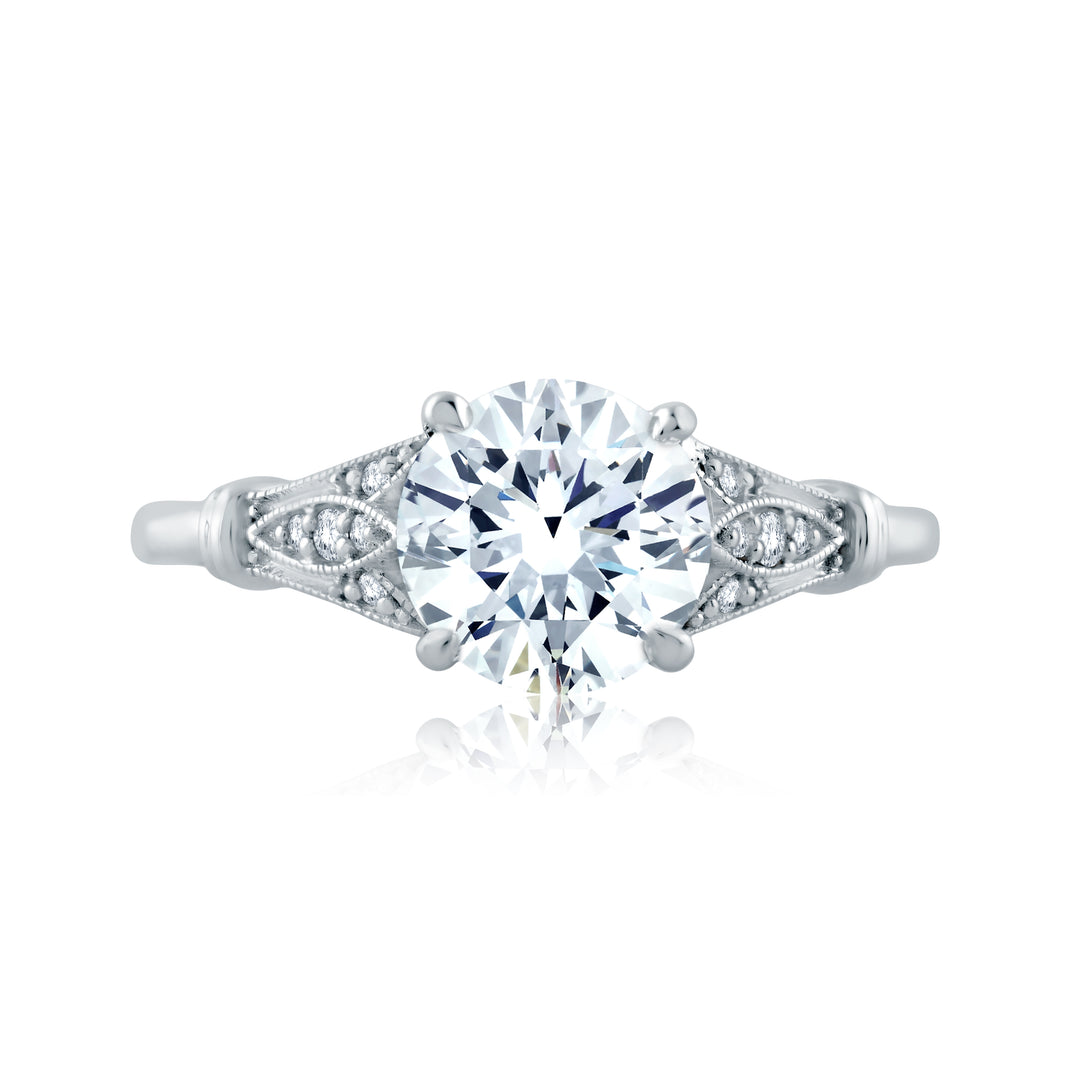 Floral Inspired Milgrain Accent Round Center Solitaire Engagement Ring