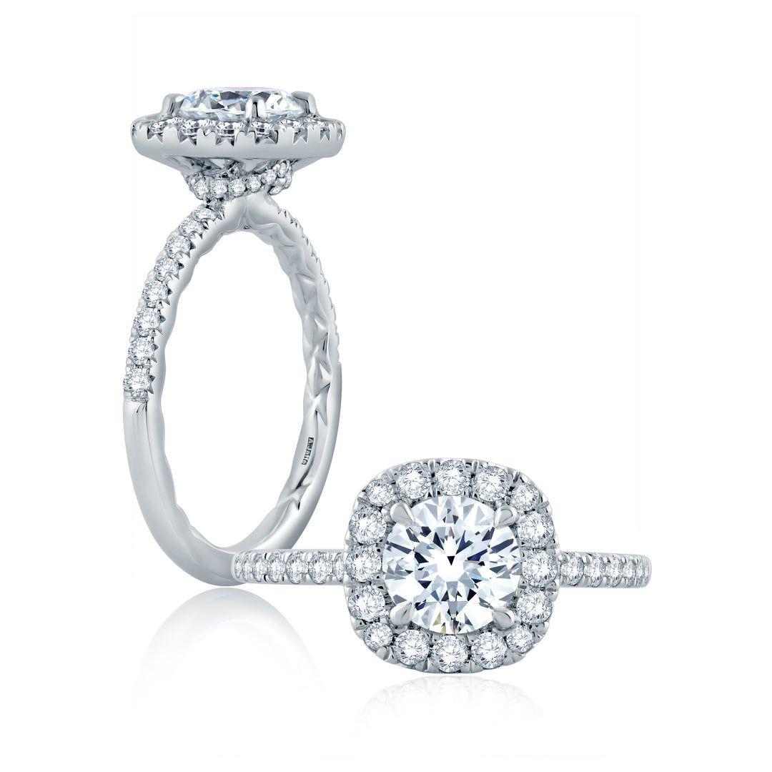 Round Center with Cushion Halo Engagement Ring with Belted Gallery Detail