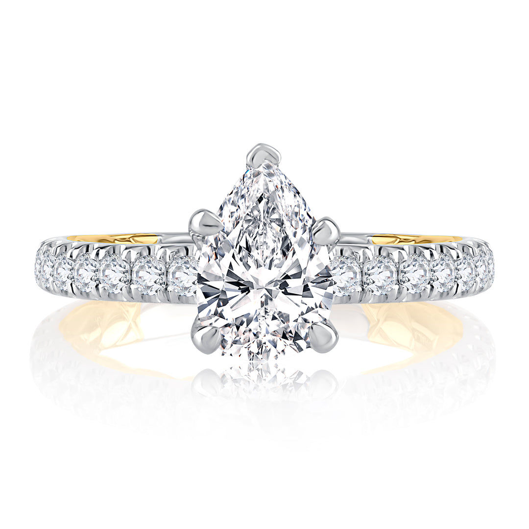 Sophisticated Two Tone Pear Cut Diamond Engagement Ring