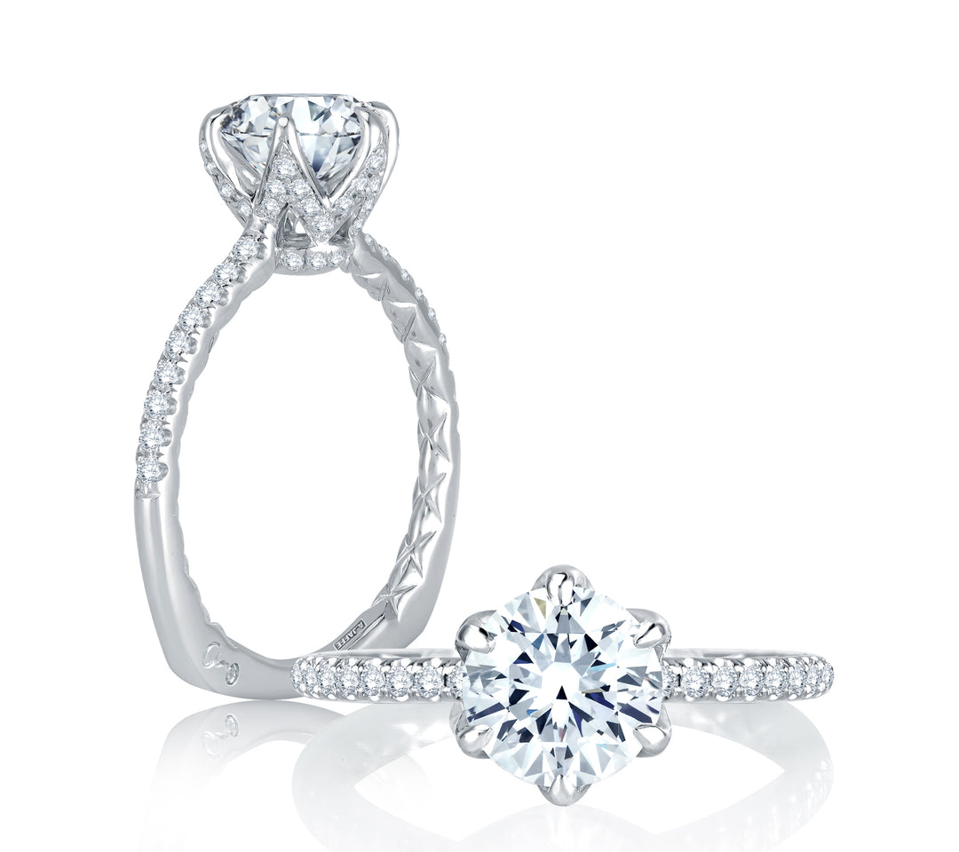 Floral Inspired Six Prong Halo Round Diamond Quilted Engagement Ring