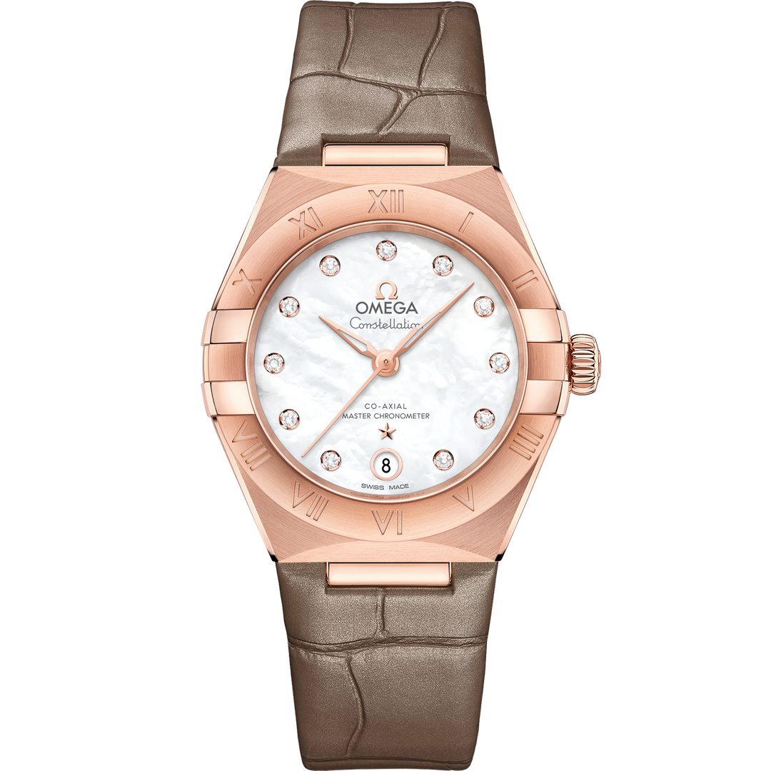 Omega Constellation 29 mm, Sedna™ gold on leather strap