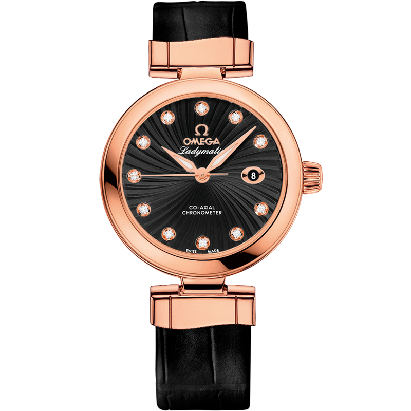 Omega De Ville Ladymatic 34 mm, red gold on leather strap