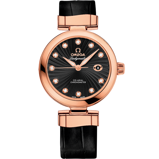 Omega De Ville Ladymatic 34 mm, red gold on leather strap