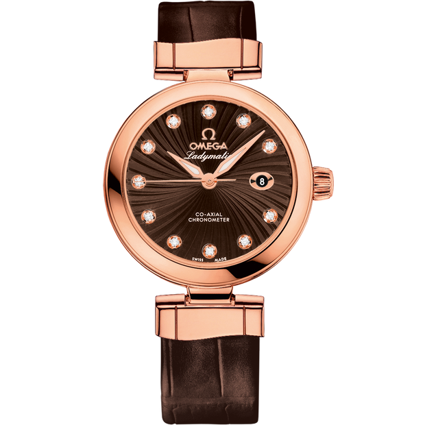 Omega De Ville Ladymatic 34 mm, red gold on leather strap