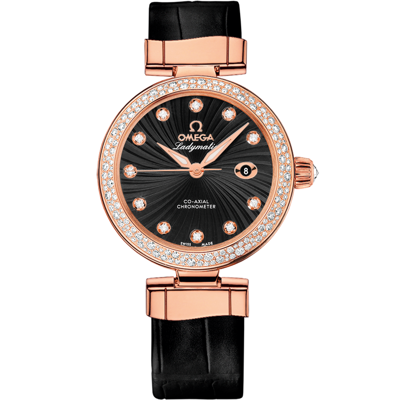 Omega De Ville Ladymatic 34 mm, red gold on leather strap