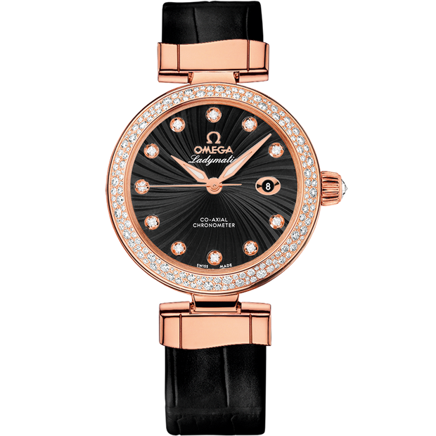 Omega De Ville Ladymatic 34 mm, red gold on leather strap