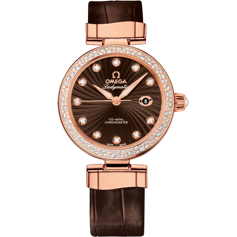 Omega De Ville Ladymatic 34 mm, red gold on leather strap