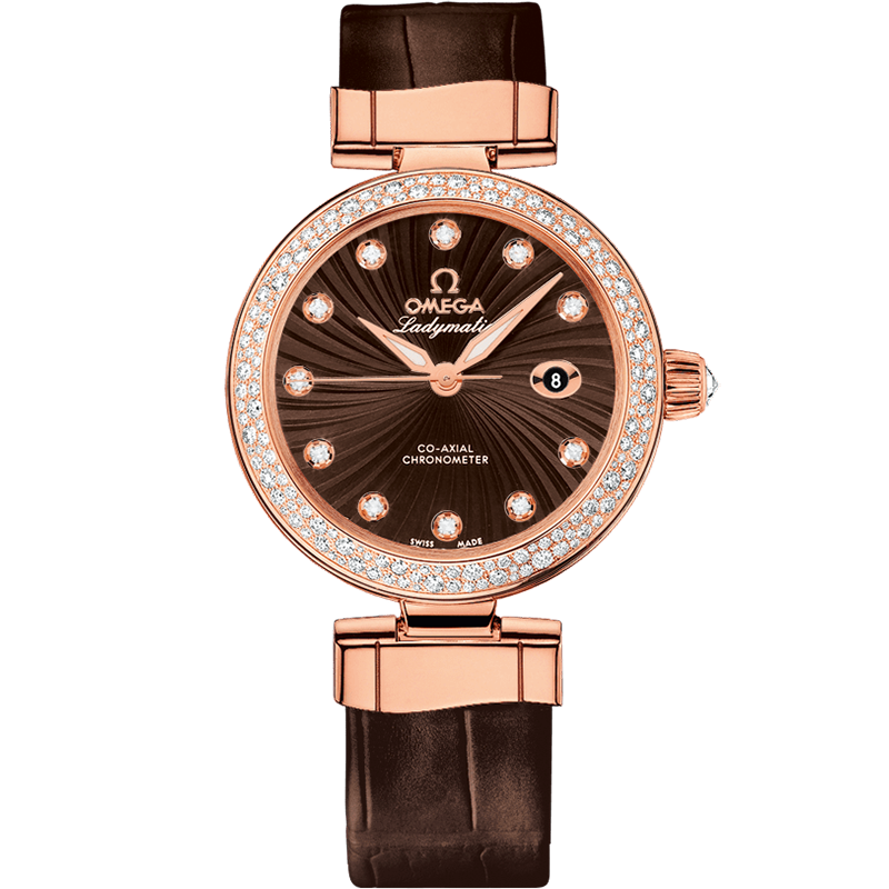 Omega De Ville Ladymatic 34 mm, red gold on leather strap