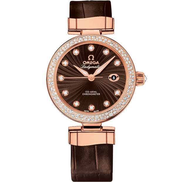 Omega De Ville Ladymatic 34 mm, red gold on leather strap