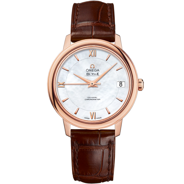 Omega De Ville Prestige 32.7 mm, red gold on leather strap