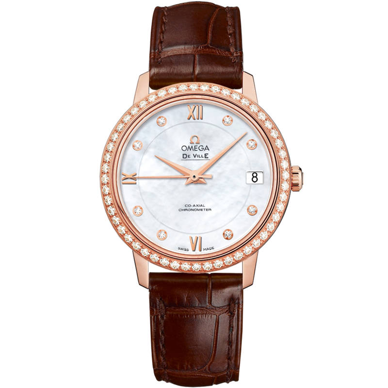 Omega De Ville Prestige 32.7 mm, red gold on leather strap