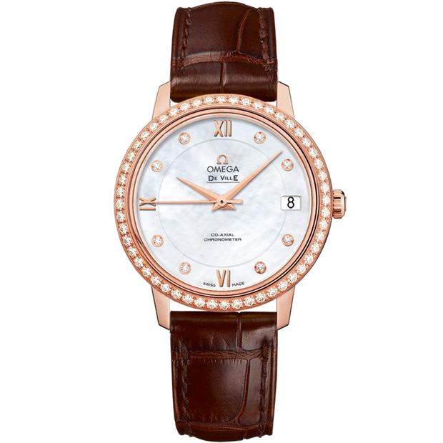 Omega De Ville Prestige 32.7 mm, red gold on leather strap