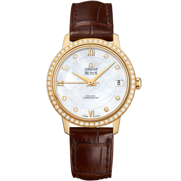 Omega De Ville Prestige 32.7 mm, yellow gold on leather strap