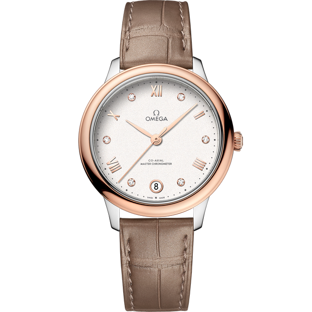 Omega De Ville Prestige 34 mm, steel - Sedna™ gold on leather strap