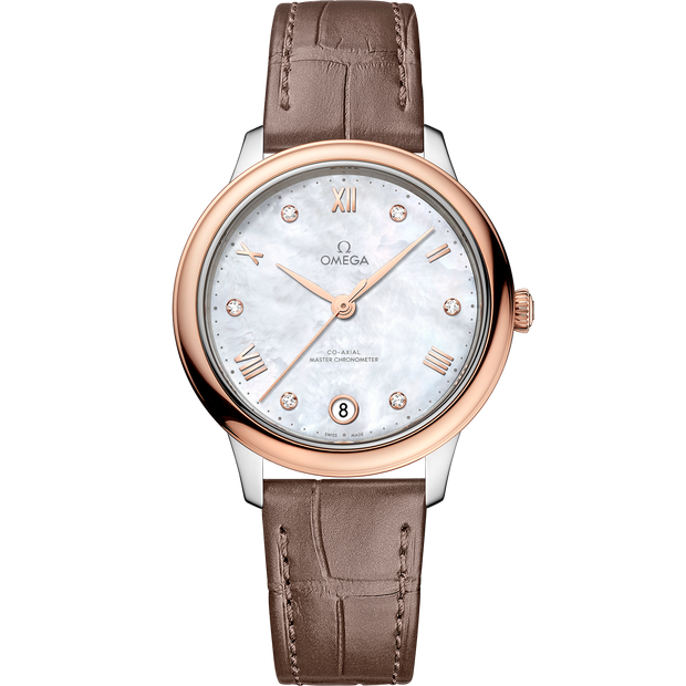 Omega De Ville Prestige 34 mm, steel - Sedna™ gold on leather strap