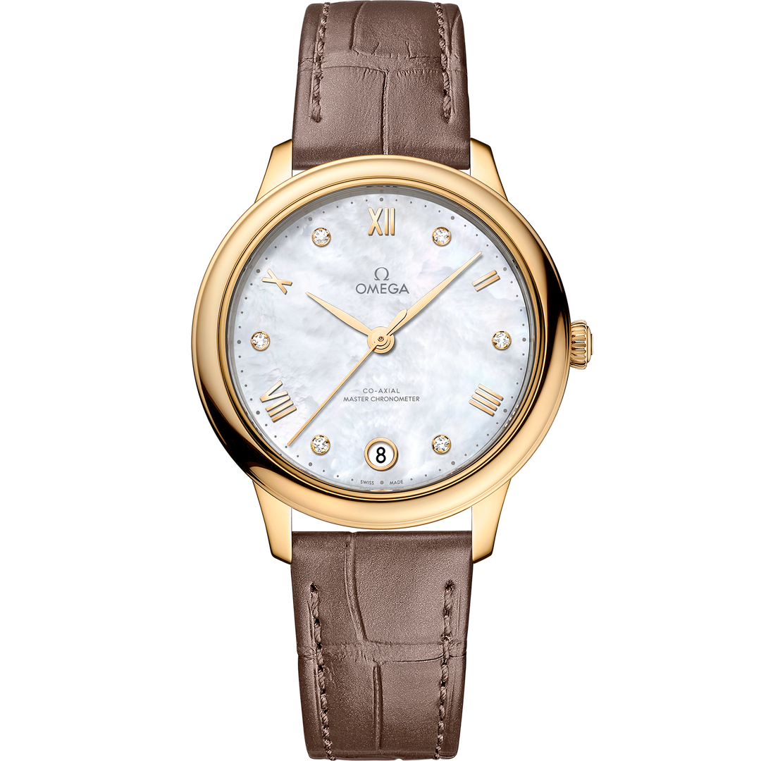 Omega De Ville Prestige 34 mm, yellow gold on leather strap