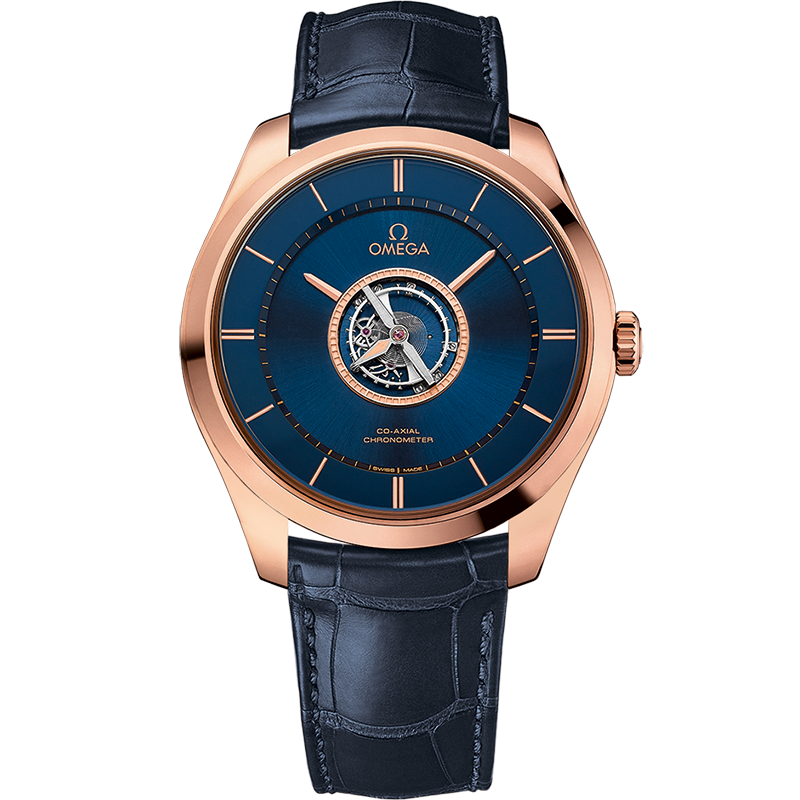 Omega De Ville Tourbillon 44 mm, Sedna™ gold on leather strap