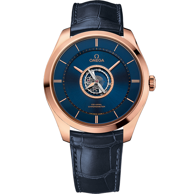 Omega De Ville Tourbillon 44 mm, Sedna™ gold on leather strap