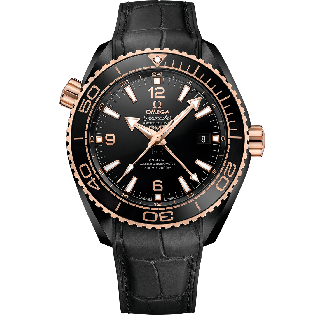 Omega Seamaster Planet Ocean 600M 45.5 mm, black ceramic on leather strap with rubber lining