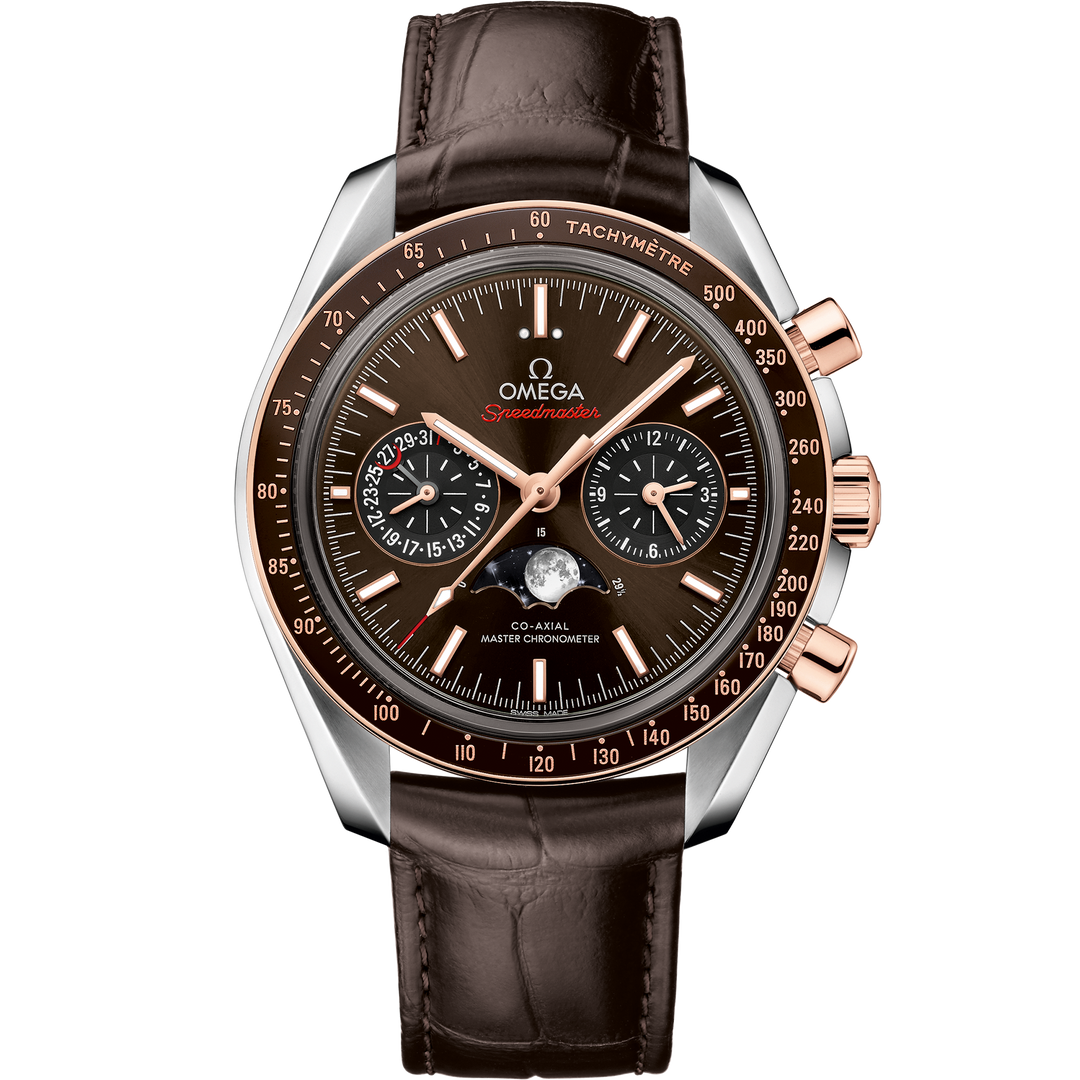 Omega Speedmaster Moonphase 44.25 mm, steel - Sedna™ gold on leather strap